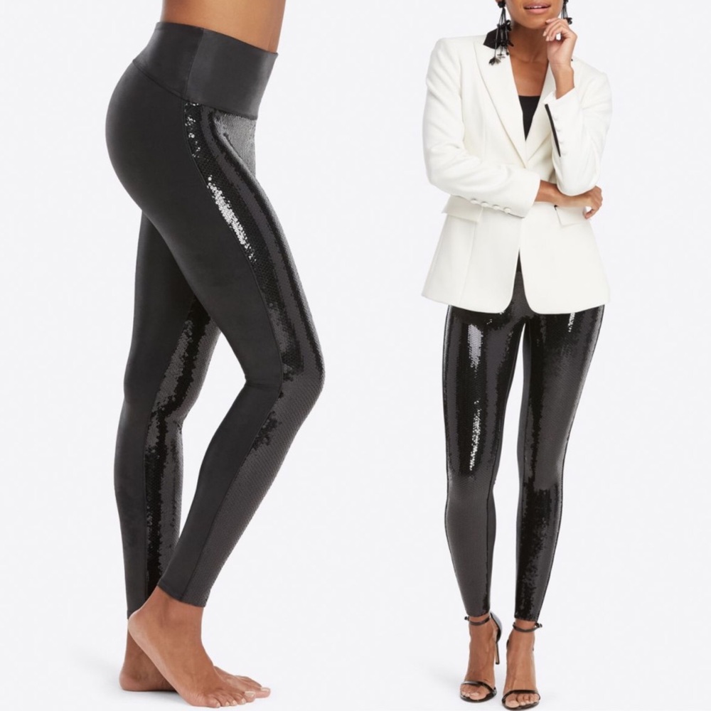 NEW Spanx Faux Leather Sequin Leggings Black M